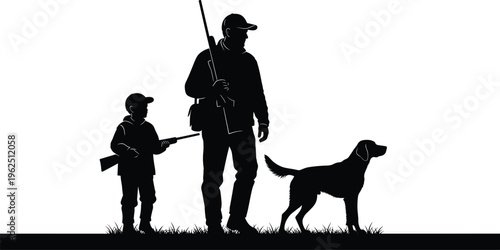 Adult child dog silhouettes hunting rifles outdoor clothing grassy surface traditional activity generational skills nature wildlife illustration artwork