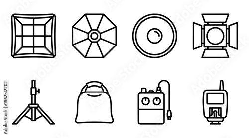 Set of various photographic equipment outlined on white background