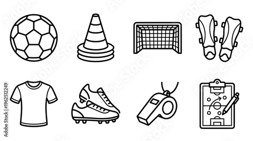 Soccer equipment collection vector icons of ball goal shoes and gear