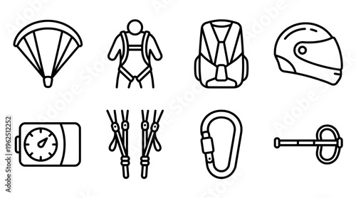 Skydiving equipment collection parachute helmet harness and carabiner icons