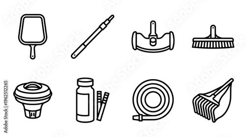 Swimming pool maintenance tools and accessories isolated on white background