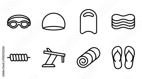 Swimming equipment set goggles cap board towel and more illustrated