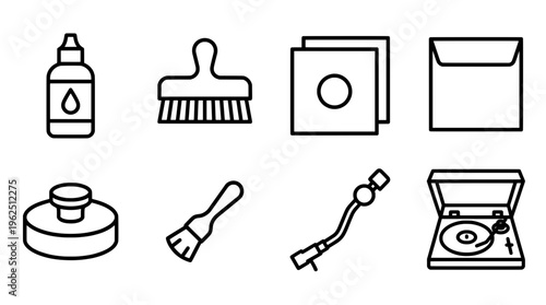 Vinyl record care and audio equipment icons for music and entertainment