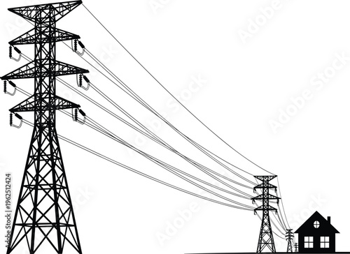 Black silhouette of high voltage power lines and electricity pylons connecting to a residential house isolated on white background.