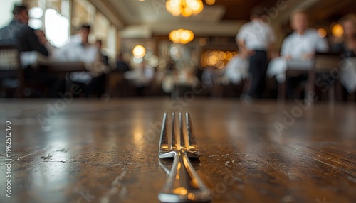 A metal fork lying on a wooden restaurant floor with a blurred dining area in the background. Concepts of hygiene, food safety, cleanliness standards, and everyday dining situations.