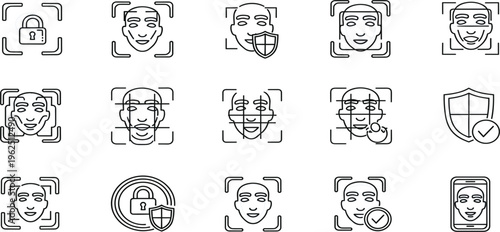 Facial Recognition and Biometric Security Line Icon Set with Face Scan, Identity Verification, Data Protection and Digital Authentication Symbols