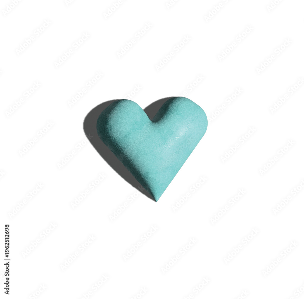 Fototapeta premium Turquoise clay heart with realistic shadow, 3D textured teal heart icon, handmade ceramic heart element for romantic greeting card design