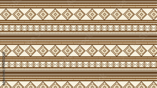 Ethnic geometric pattern with brown tribal diamond shapes, seamless bohemian border vector illustration, traditional folk textile design, ornamental brown and beige fabric background