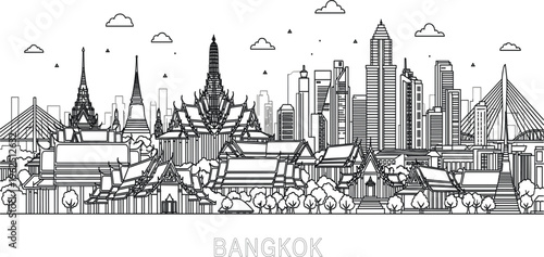 Bangkok City Skyline Line Illustration with Temples, Modern Skyscrapers, Urban Architecture and Thailand Travel Landmark Panorama Design