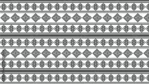 Traditional geometric ethnic pattern in black and white, seamless tribal vector background with diamond shapes, ornamental folk textile design for fabric printing and cultural decor