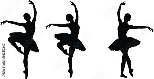 Black silhouettes of graceful ballerina dancers in tutus performing classical ballet poses and dance movements isolated on a white background.