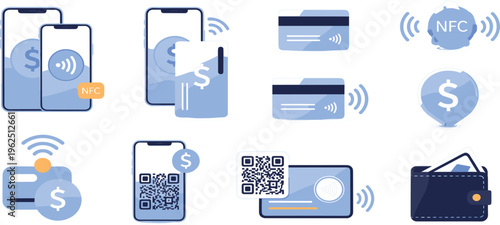 Contactless Payment Icon Set with NFC Technology, Mobile Wallet, QR Code, Credit Card and Digital Transaction Symbols for Fintech Applications