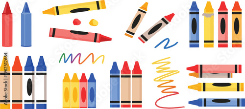 Colorful Crayon Set Illustration with Wax Pastels, Drawing Tools, Scribbles and Art Supplies for Kids Education and Creative Design