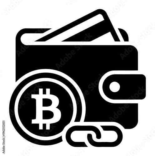 Bitcoin wallet and blockchain icon | Cryptocurrency storage with credit card and digital link | Flat vector line art illustration
