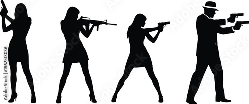 Black silhouettes of secret agents and assassins holding handguns and rifles in action poses isolated on a white background for SEO.