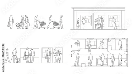 Shopping Mall CAD Human Figures – Visitors Carrying Bags and Browsing Stores, AutoCAD Blueprint Line Drawing