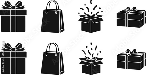 Black and white icon set of gift boxes and bags for shopping and gifting