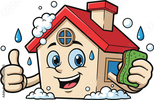 "Cartoon illustration of a cheerful anthropomorphic house with smiling face, sponge, bubbles, and thumbs‑up gesture representing cleaning, maintenance, and home care"