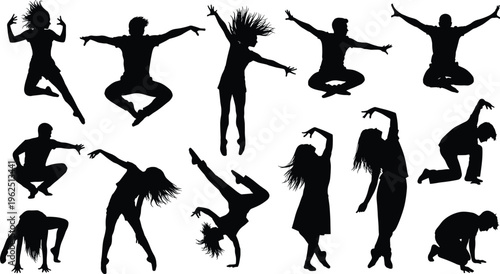 Collection of black silhouettes showing people in energetic dance and athletic poses, including jumping, stretching, bending, squatting, handstanding, capturing motion, fitness, and expressive human 
