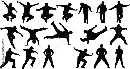 Collection of eighteen black silhouettes of dancers performing expressive breakdance and hip‑hop moves including jumps, flips, and athletic poses, showcasing energy, culture, and dynamic 