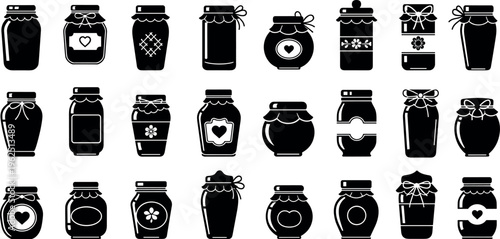 Decorative black vector icons of glass mason jars with ribbons and hearts for homemade jam, preserves, gifts, and rustic weddings