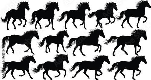 Collection of twelve black horse silhouettes in dynamic galloping poses, symbolizing equine motion, biomechanics, speed, strength, animation reference, sports illustration, and artistic animal design.