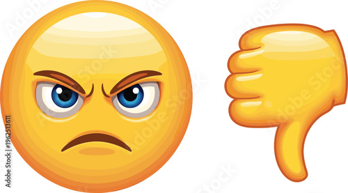 Emoji illustration showing angry frowning face with blue eyes and thumbs‑down gesture, symbolizing disapproval, dissatisfaction, negative feedback, rejection, and universal expression of dislike.