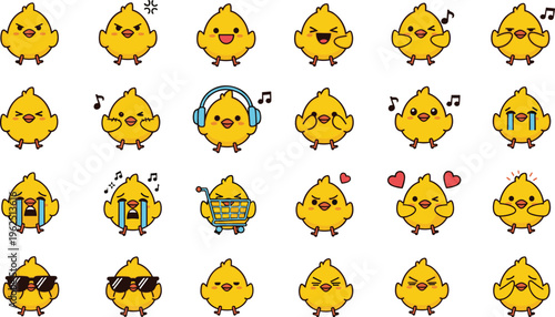 Cute Chick Emoji Collection Featuring Funny Yellow Chicken Characters with Emotions, Music, Shopping and Love Expressions Cartoon Vector Illustration Set