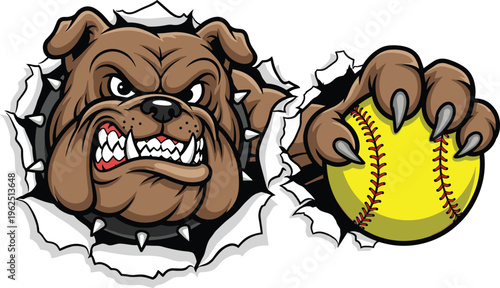 Illustrated bulldog mascot breaking through wall with aggressive expression, spiked collar, gripping bright yellow softball, symbolizing sports team strength, determination, competition