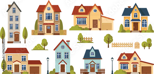 Suburban Houses Collection Featuring Modern Family Homes, Cottages and Residential Buildings with Trees, Fences and Outdoor Elements Vector Illustration Set