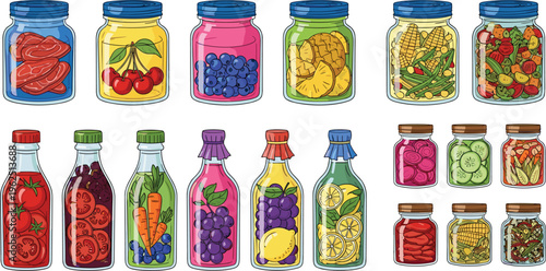 Preserved Food Jars Collection Featuring Pickled Vegetables, Fruits, Sauces and Homemade Canning Bottles Colorful Kitchen Storage Vector Illustration Set