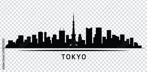 Vector illustration black silhouette of tokyo city skyline with tall buildings and tower
