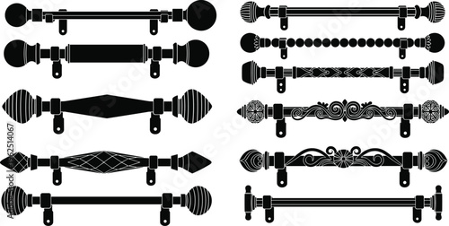 Collection of decorative curtain rod silhouettes with ornamental finials and mounting brackets for interior design window treatment and home decor projects