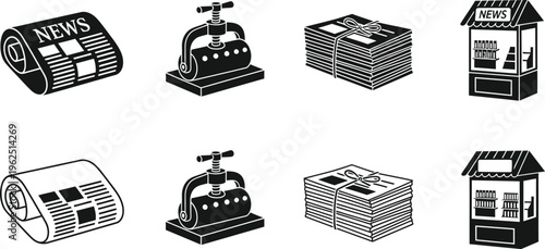 Newspaper and vending machine icon set for news and media concepts