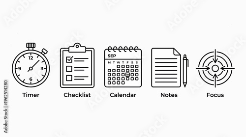 Essential Productivity and Time Management Line Icon Set for Business Planning and Organizational Tasks