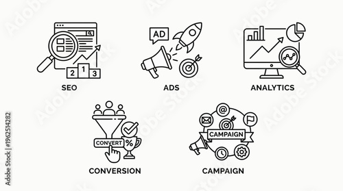 Essential vector icons for modern online marketing, business development, and digital promotion strategies
