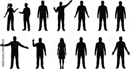Collection of People Silhouettes Featuring Men and Women in Various Standing Poses Talking Gesturing and Presenting for Business Corporate and Community,