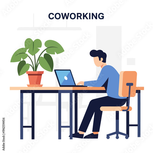 Man working on laptop in coworking space with plant on desk.