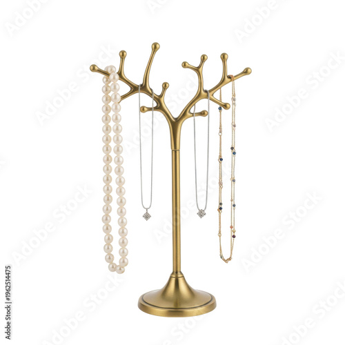 A gold jewelry tree stand with necklaces and pearls on transparent background
