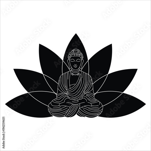 Happy Vesak day, buddhist religious ceremonies,  buddhist holiday. Flowers and leaves of lotus, Symbol of peace, meditation, enlightenment. simple solid black vector