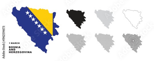 Set of isolated bosnia and herzegovina maps. bosnia flag overlaid with flag proportions. Maps and traveling around the world