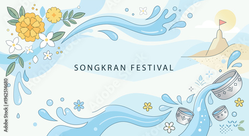 Stylized water splash frame background with "SONGKRAN FESTIVAL" text, featuring jasmine and marigold flowers, traditional water bowls, a sand pagoda on a beach, and a bright sun. Flat vector illustrat
