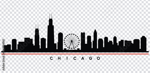 Vector illustration chicago city skyline with ferris wheel silhouette
