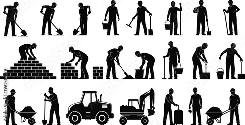 Construction Worker Silhouettes Set Featuring Laborers Using Shovels Wheelbarrows Laying Bricks and Heavy Machinery for Building Site Industry and Engineering Projects