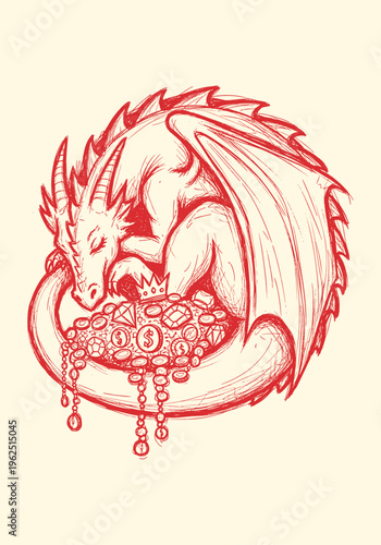Red mythical dragon curled up on a glittering treasure hoard, featuring gold coins, precious jewels, and a crown in a hand-drawn sketch vector illustration style