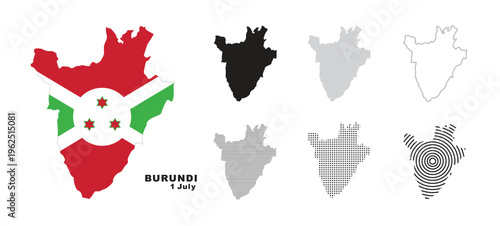 Set of isolated burundi maps. burundi flag overlaid with flag proportions. Maps and traveling around the world