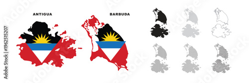 
Set of isolated antigua and barbuda maps. antigua and barbuda flag overlaid with flag proportions. Maps and traveling around the world