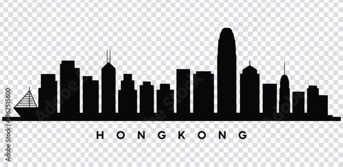 Vector illustration black silhouette of hong kong city skyline with sailboat