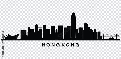 Vector illustration black silhouette of hong kong city skyline with bridge and boat