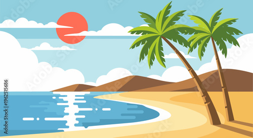 Tropical beach, palm trees, sunny landscape, vector illustration